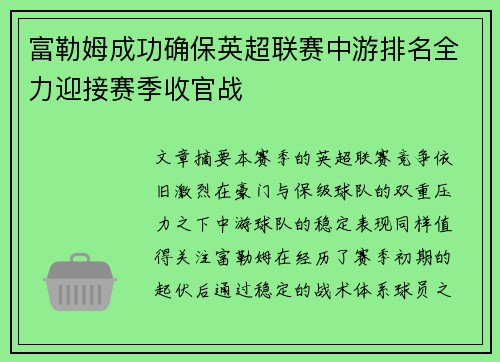 富勒姆成功确保英超联赛中游排名全力迎接赛季收官战 富勒姆成功确保英超联赛中游排名全力迎接赛季收官战