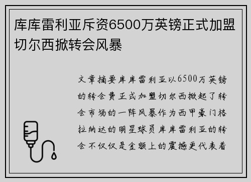 库库雷利亚斥资6500万英镑正式加盟切尔西掀转会风暴